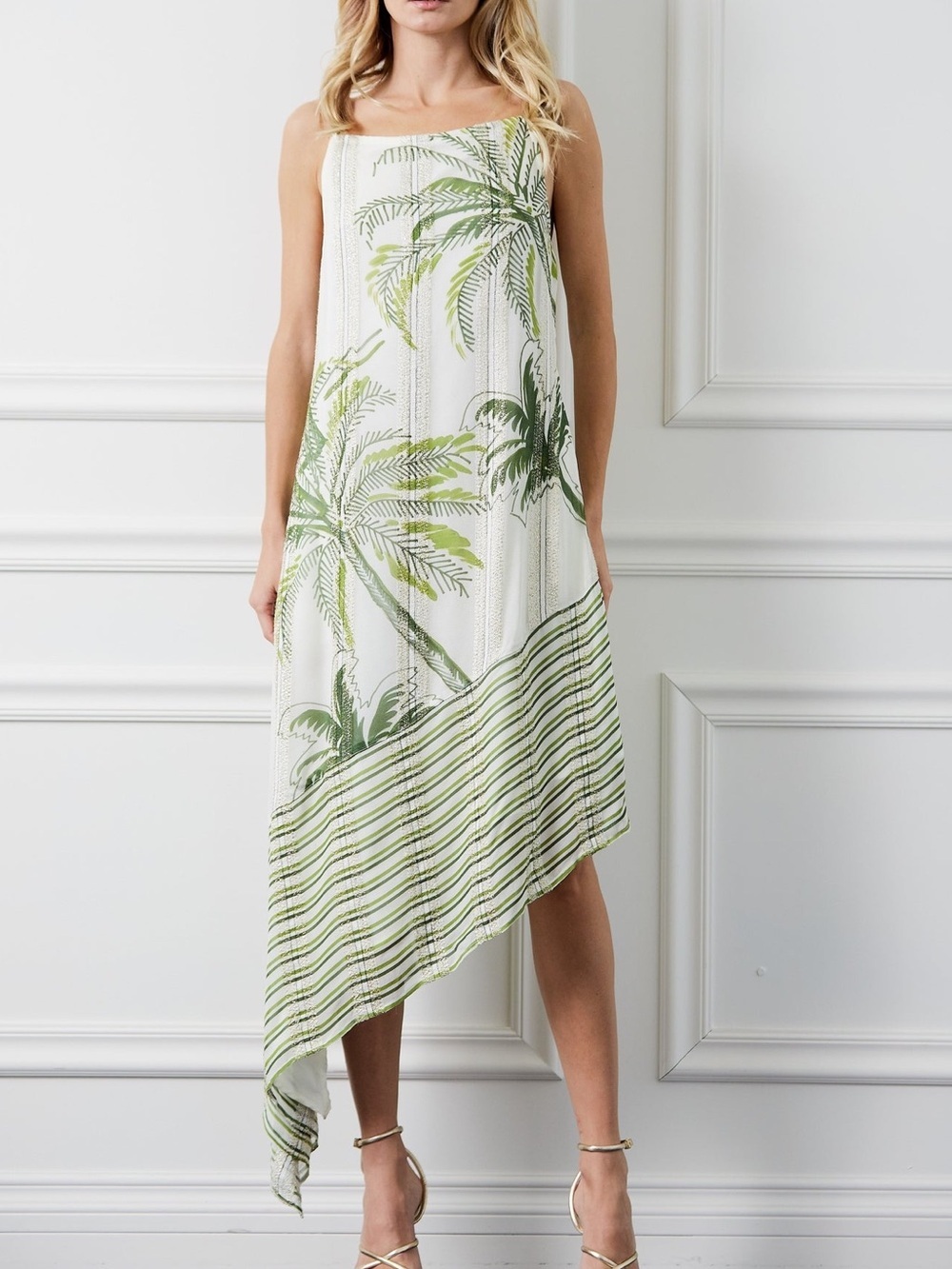 Ciebon Tamara Tropical Palm Halter Dress Large Asymmetrical Hem Gold Metallic